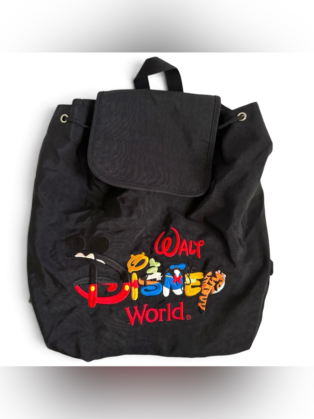 Vtg Walt Disney World Black Embroidered Backpack Bag Character Logo Drawstring